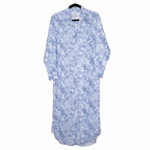 Frank & Eileen Rory Blue Floral Italian Linen Maxi Shirt Dress Size XS - Picture 3 of 8